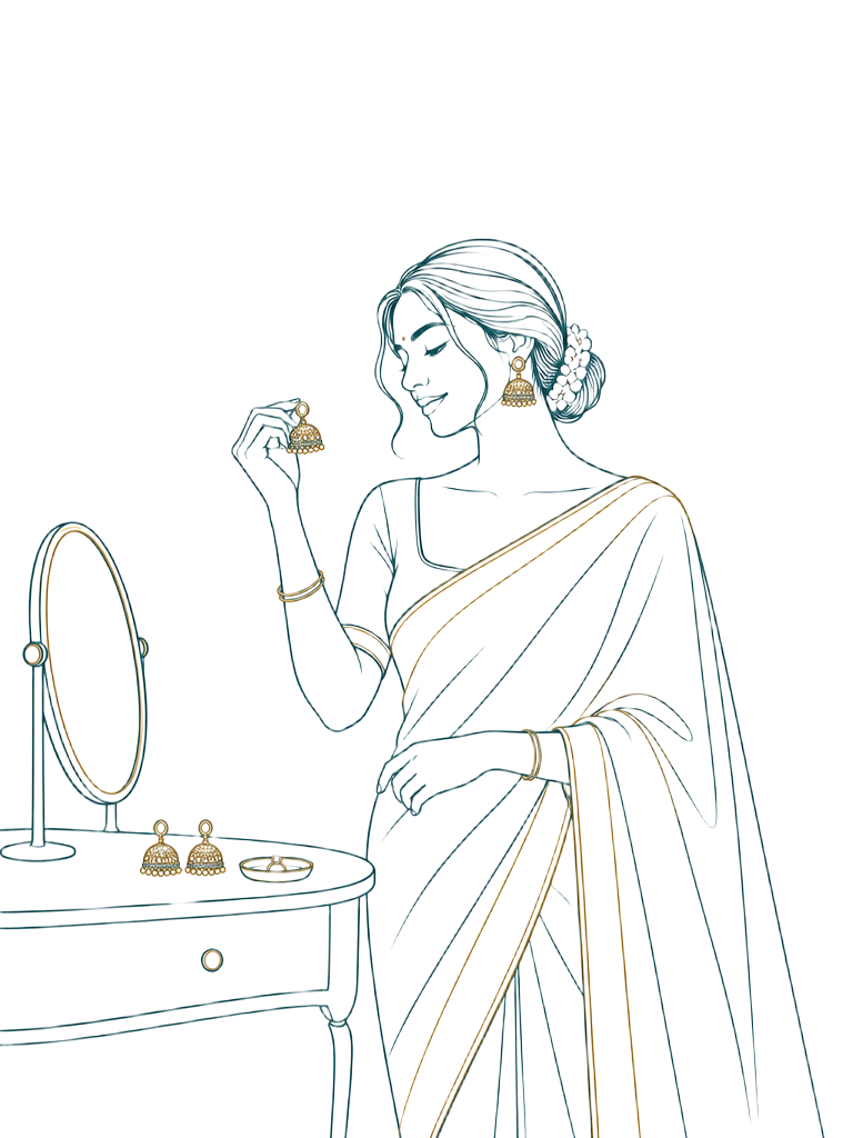 Line illustration of a woman in a saree at her dressing table, holding up a new jhumka beside a matching pair she already owns