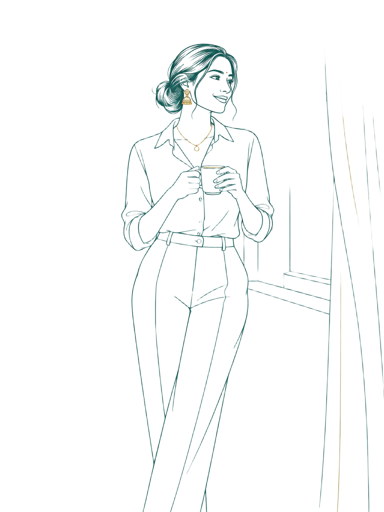 Line illustration of a woman in a shirt and trousers wearing her jhumkas and necklace, enjoying a quiet cup of chai by a window