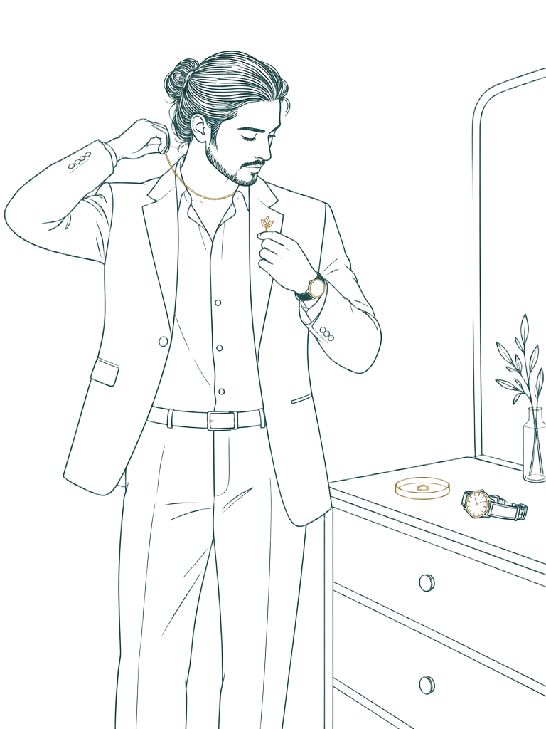 Line illustration of a man in a shirt, trousers and blazer fastening a gold chain and lapel pin at his dresser, a watch and ring dish beside him